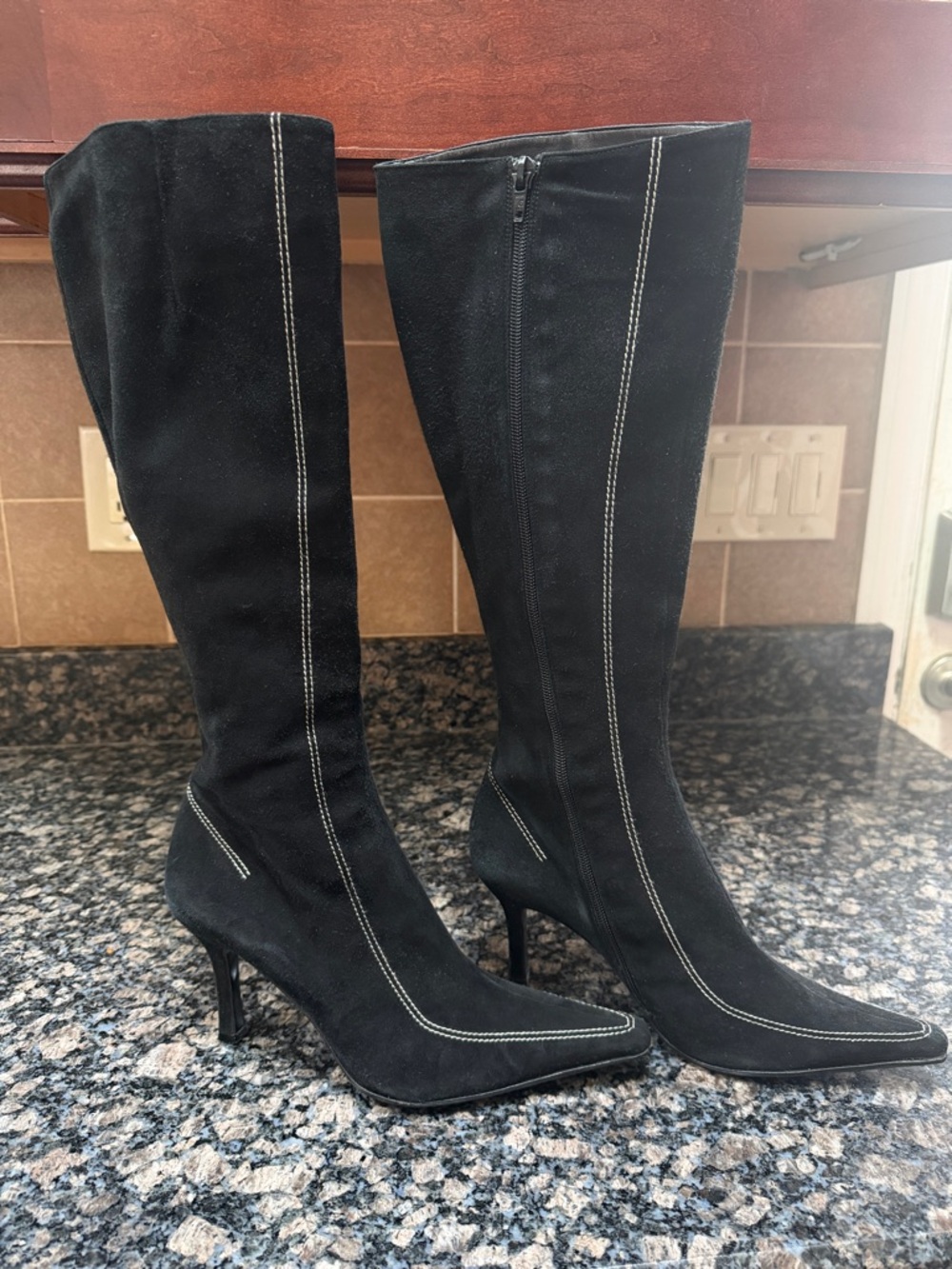 Martinez Valero Black Suede Knee-High Stiletto Boots with Contrast Stitching